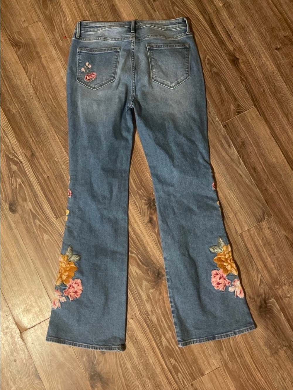 DRIFTWOOD Embroidered Flare Jeans - Blue with Pink & Yellow Flowers - Picture 2 of 4